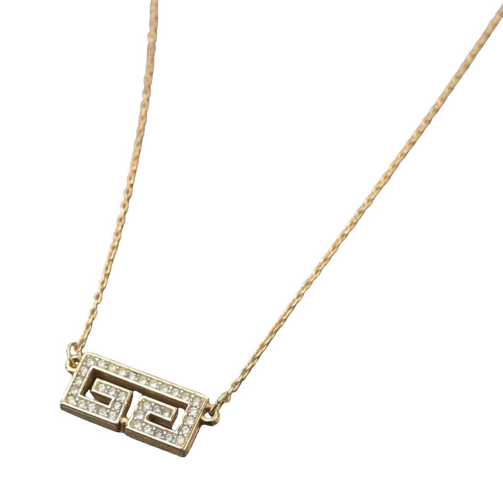 Givenchy Necklace Gold Greek Key Rhinestone Geometric Vintage Pendant