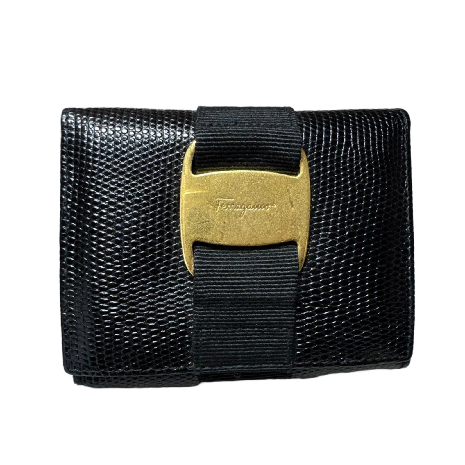 FERRAGAMO Porte-monnaie noir cuir grainé avec boite/facture