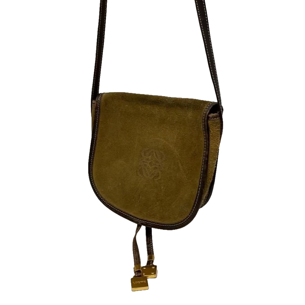 LOEWE Sac bandoulière suède kaki / cuir marron