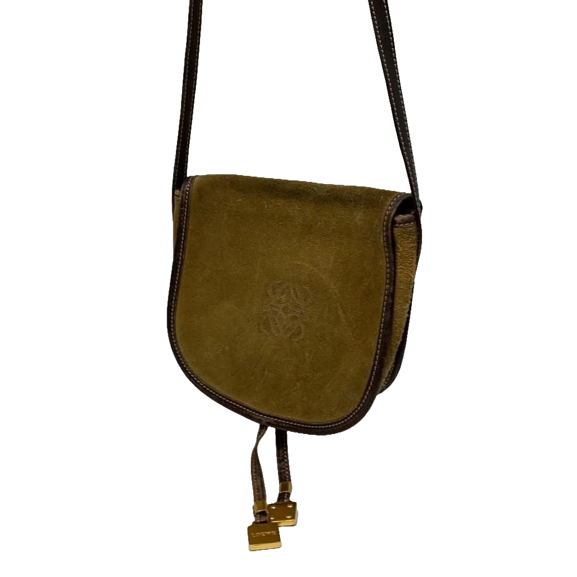 LOEWE Sac bandoulière suède kaki / cuir marron