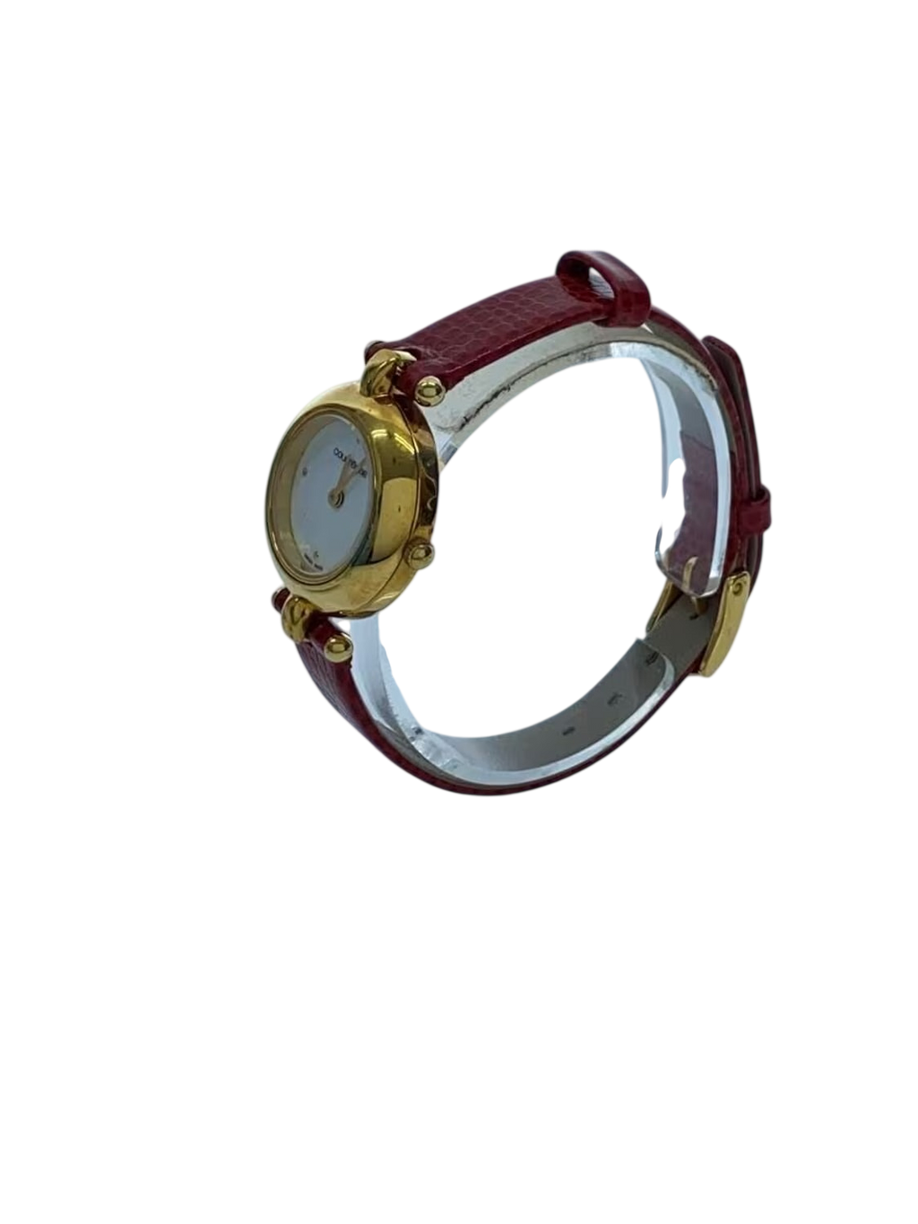 COURRÈGES Montre femme cadran blanc boîtier or bracelet cuir rouge lézard Swiss Made