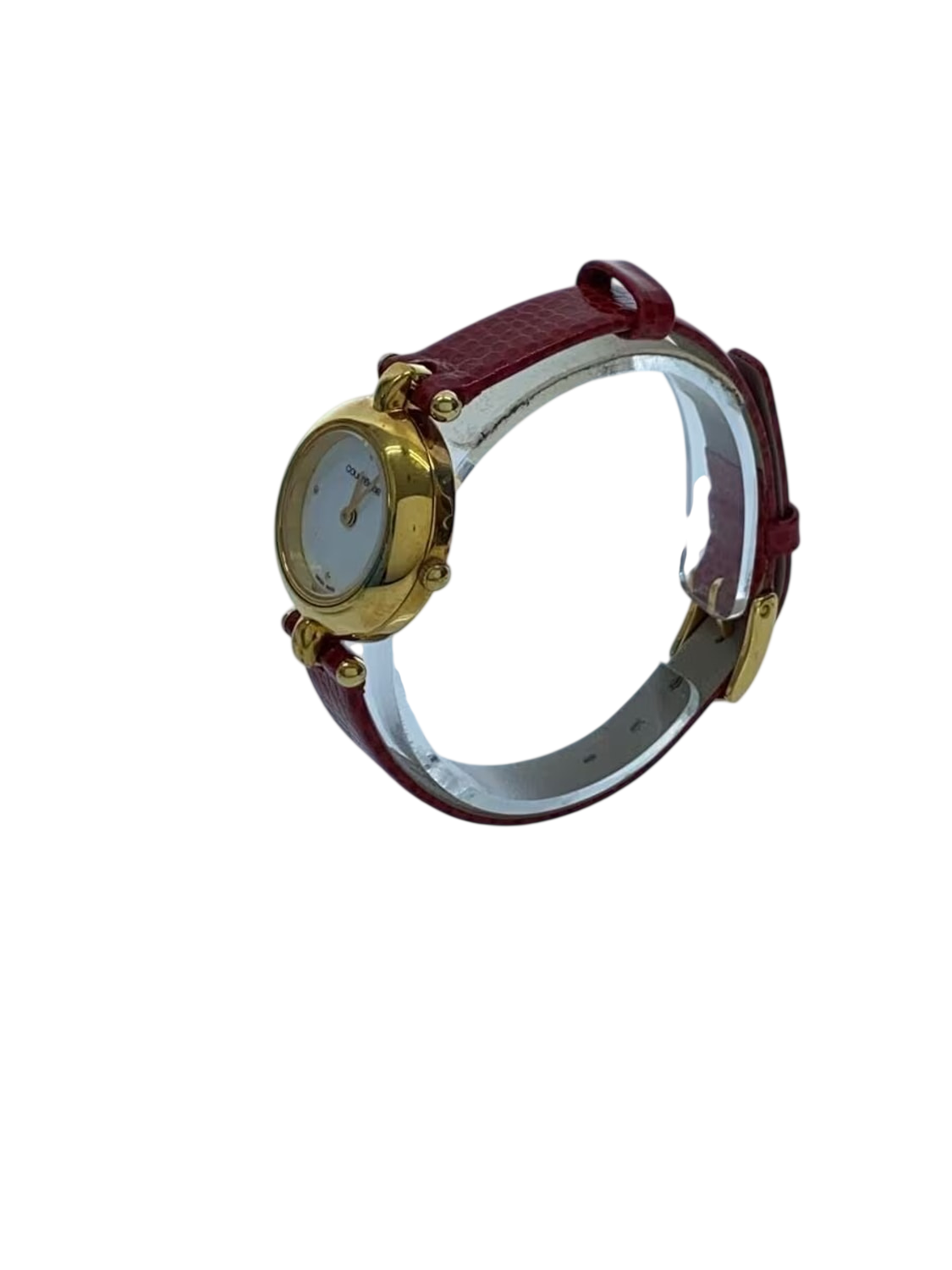 COURRÈGES Montre femme cadran blanc boîtier or bracelet cuir rouge lézard Swiss Made