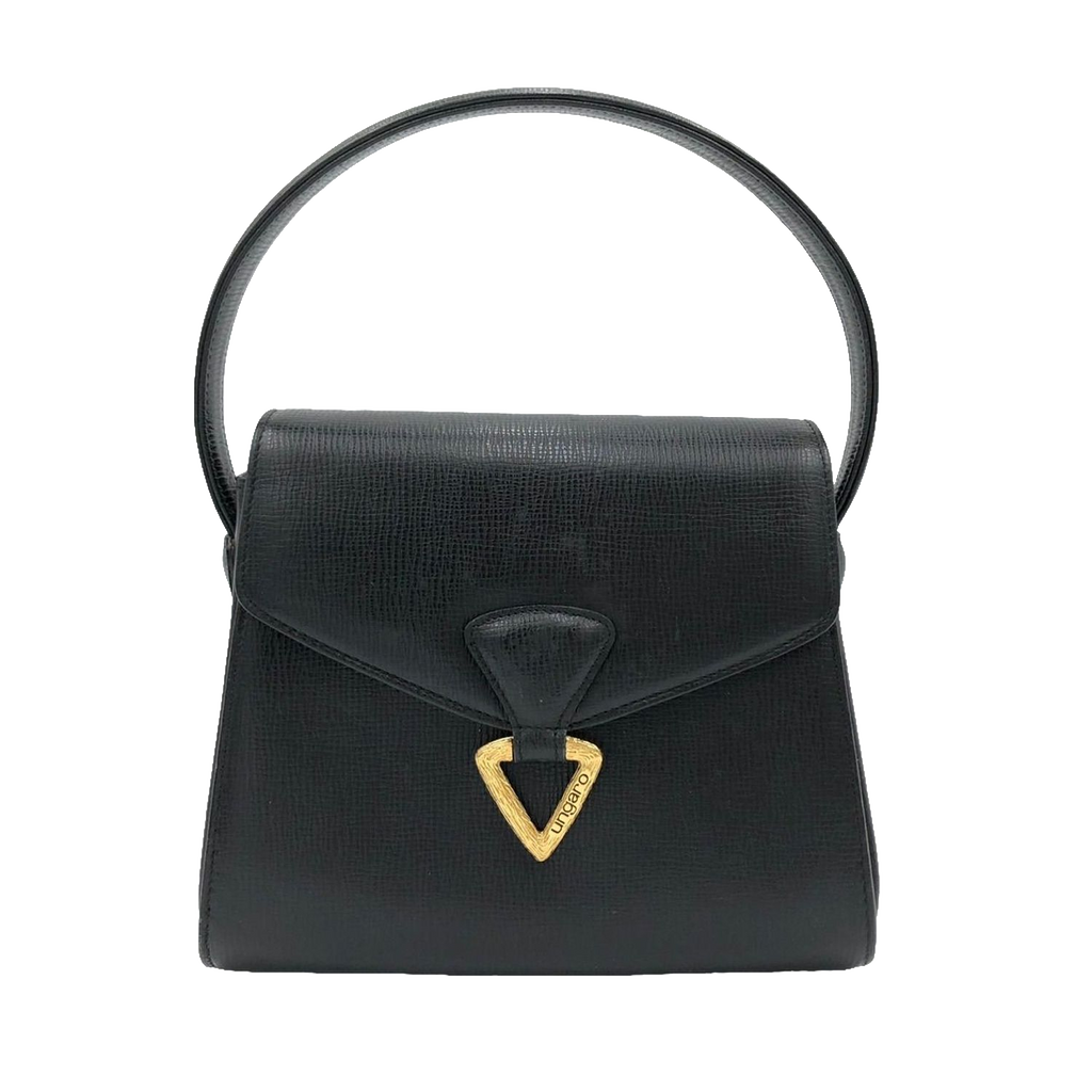 UNGARO Sac à main cuir grainé noir fermoir triangle doré