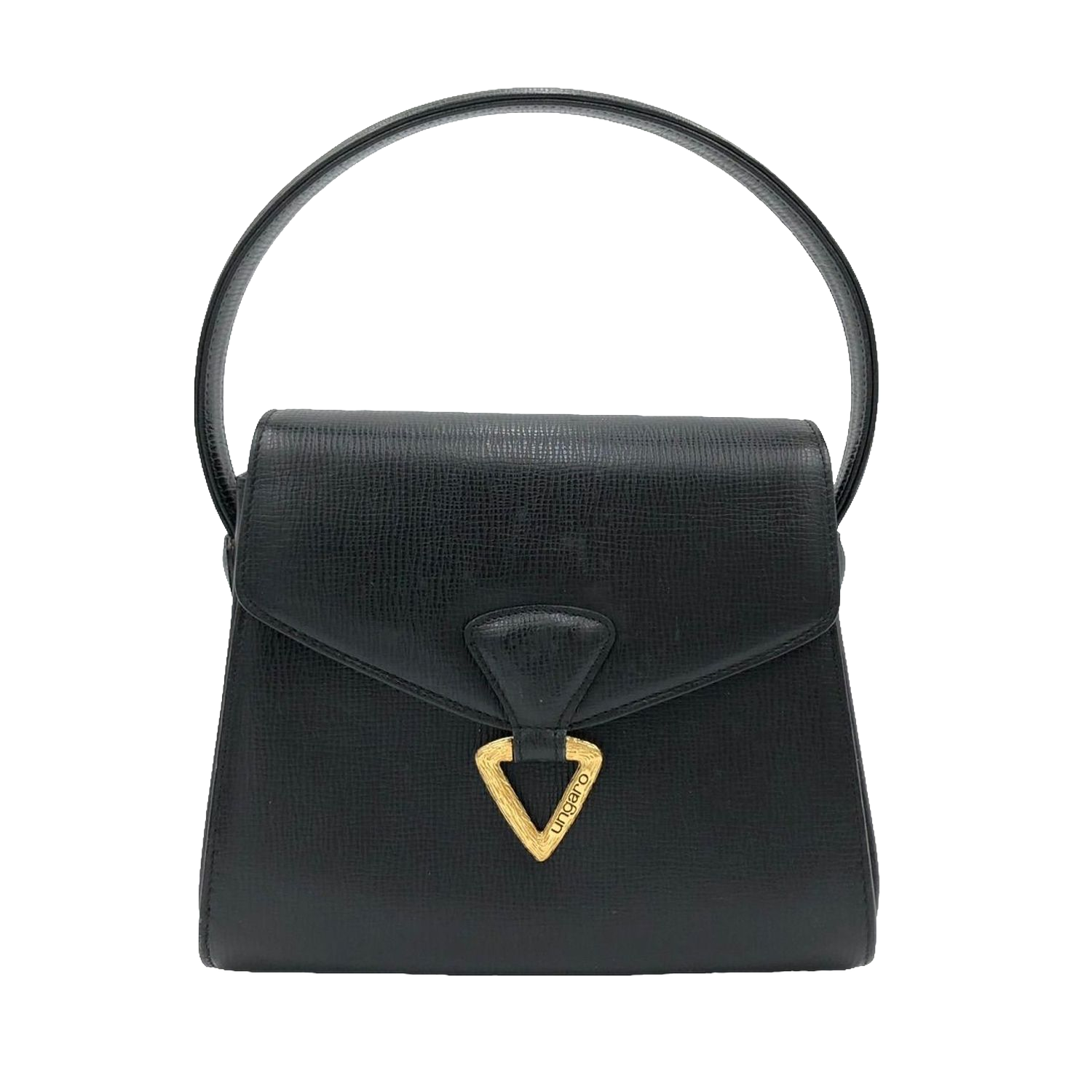 UNGARO Sac à main cuir grainé noir fermoir triangle doré