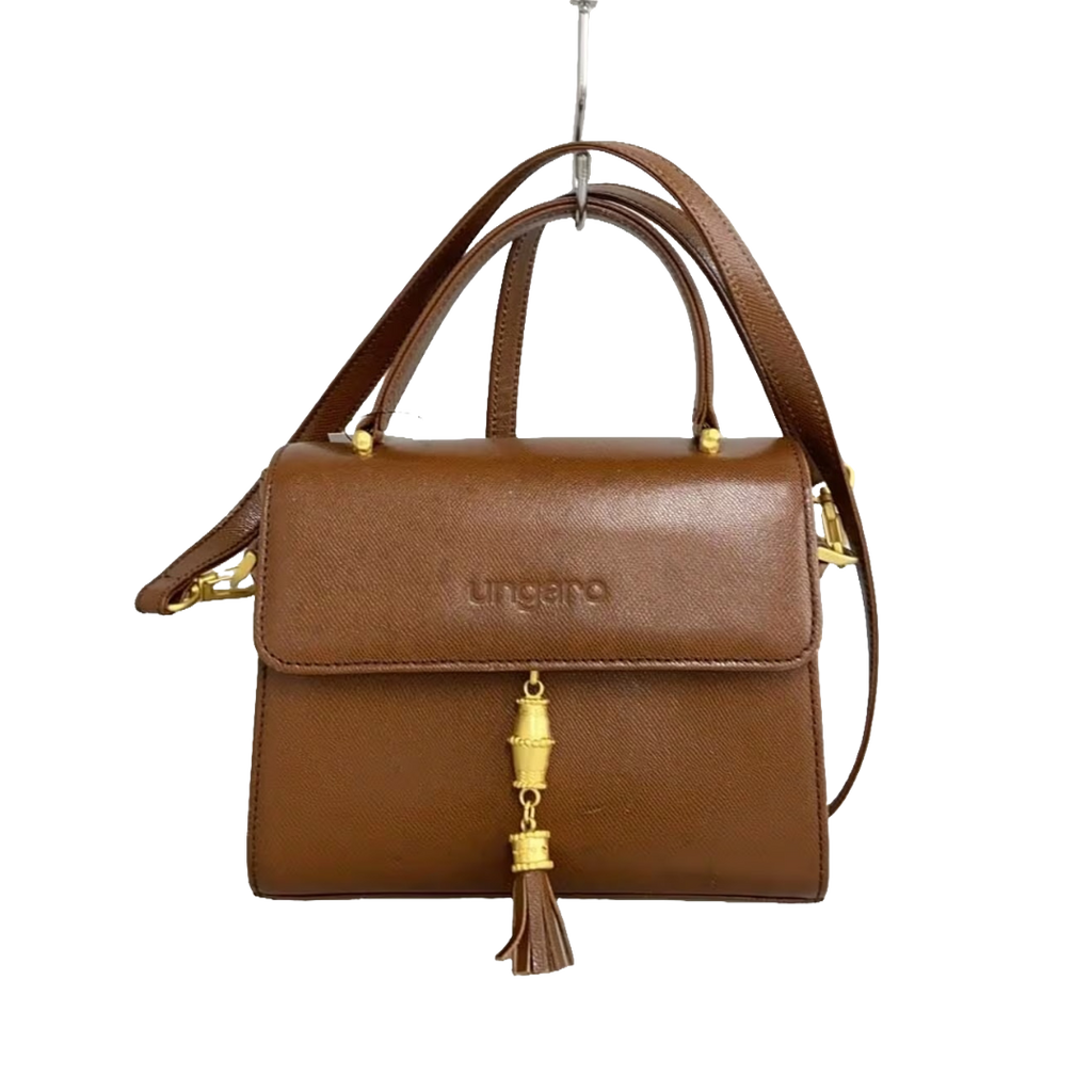 UNGARO Sac bandoulière cuir marron doré fermoir fleur