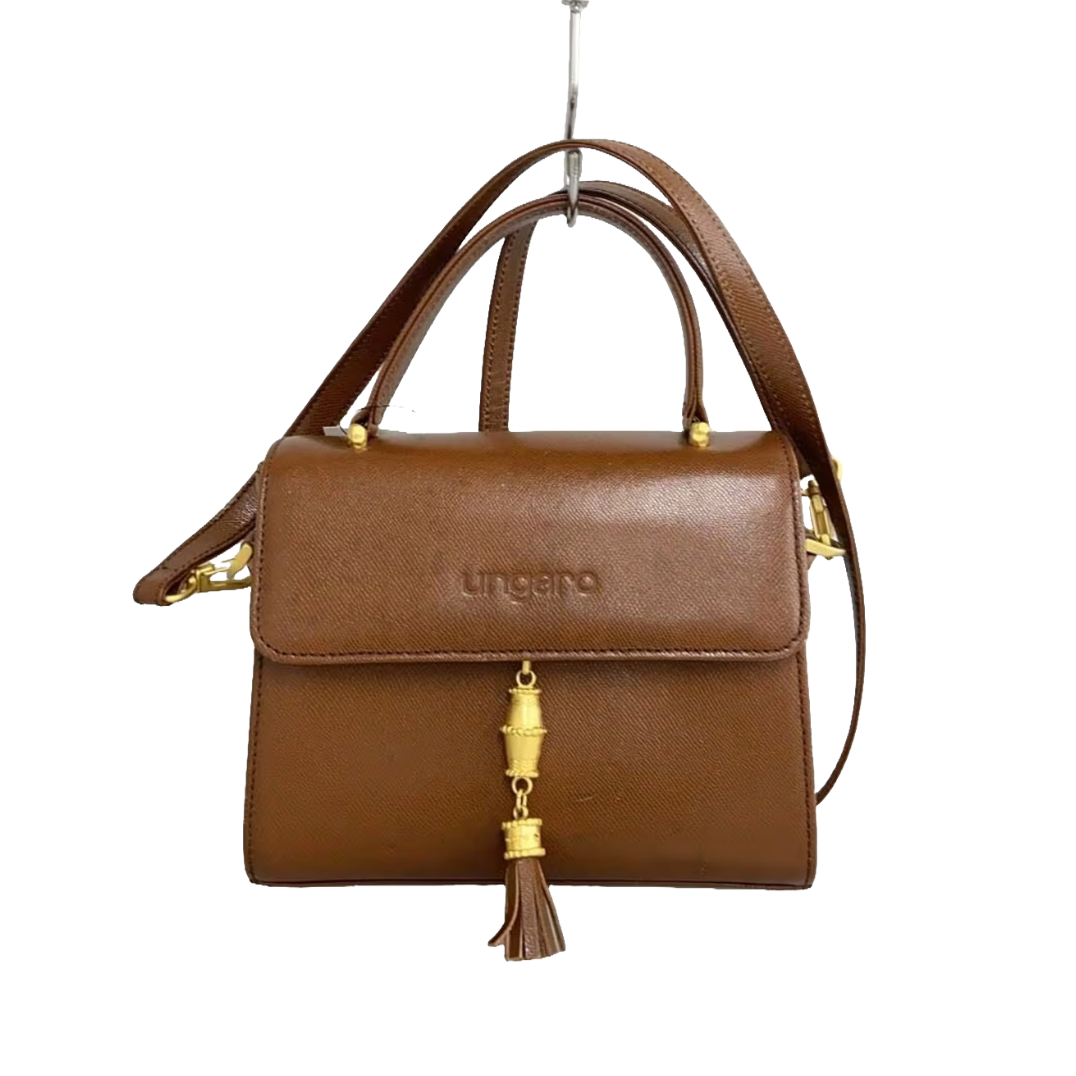 UNGARO Sac bandoulière cuir marron doré fermoir fleur