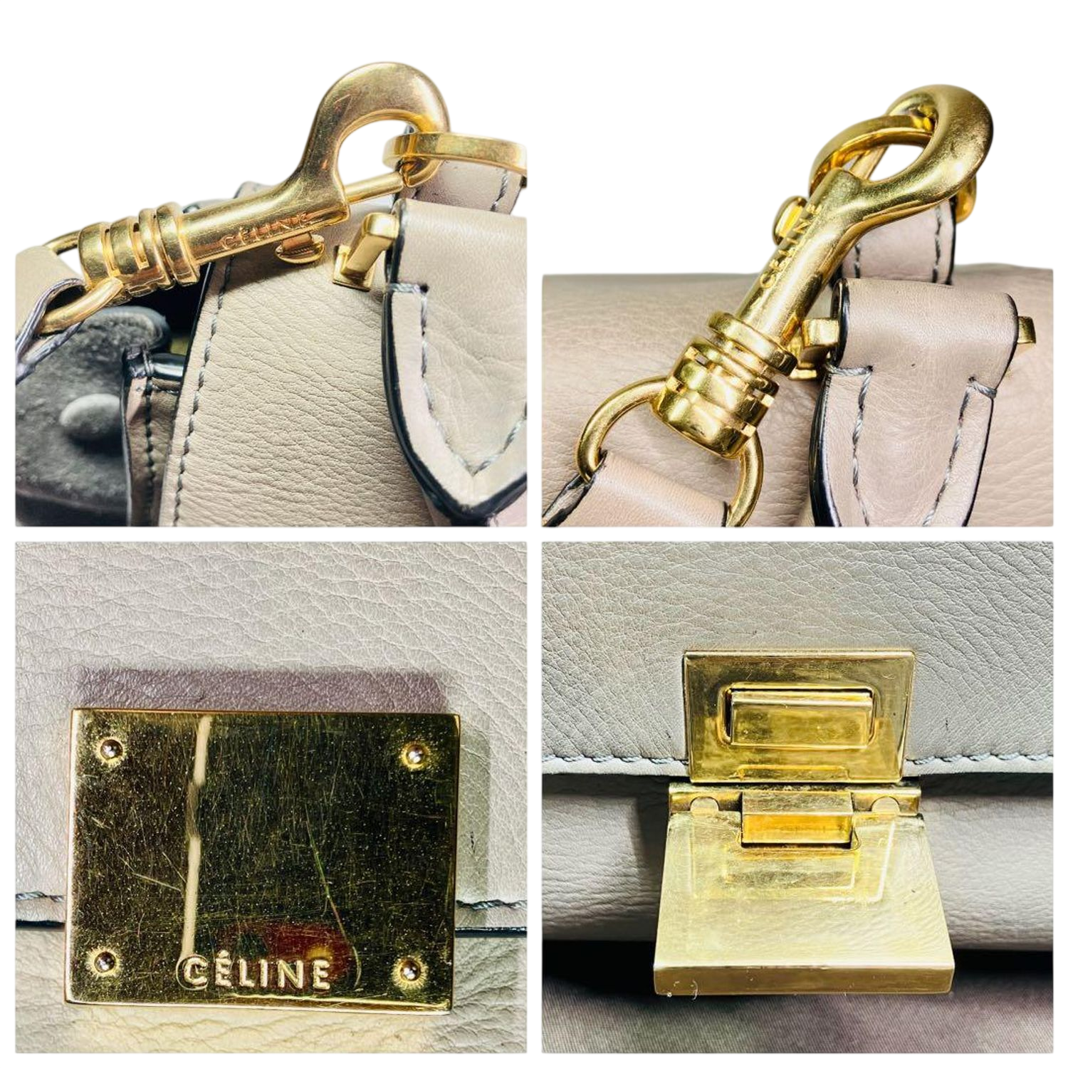 CELINE Trapeze Handbag Beige Leather Grey Suede