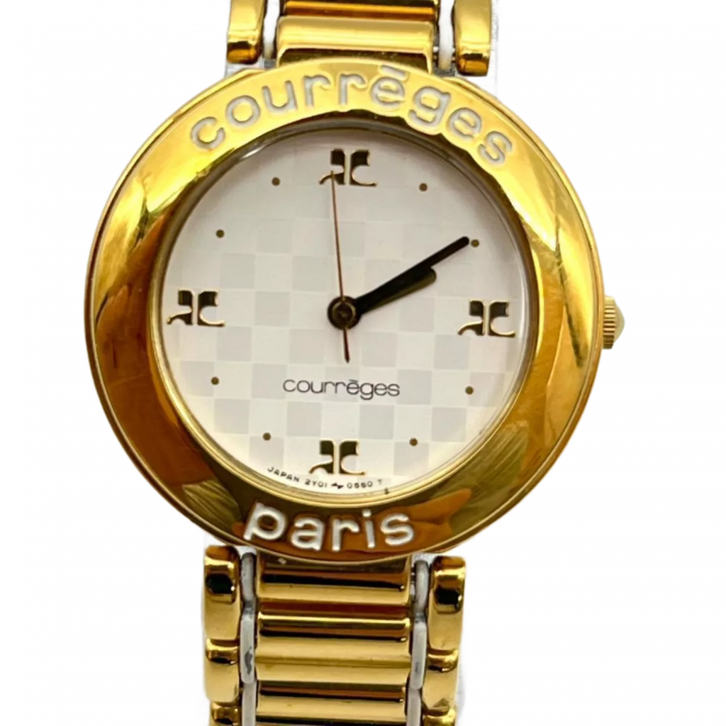 COURRÈGES Montre cadrant echec bicolor or et argent femme