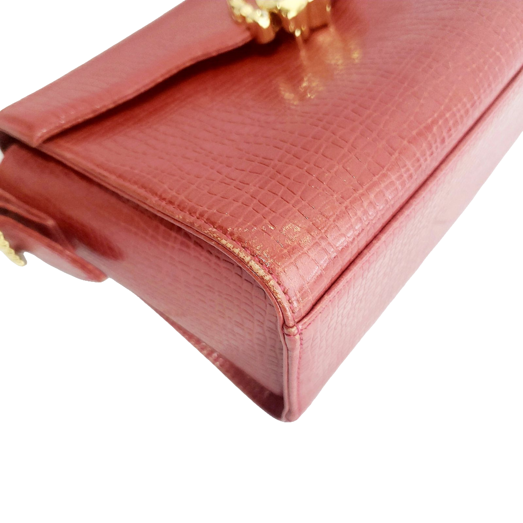 Ungaro Handbag Red Vintage Textured Leather Top Handle Gold Clasp