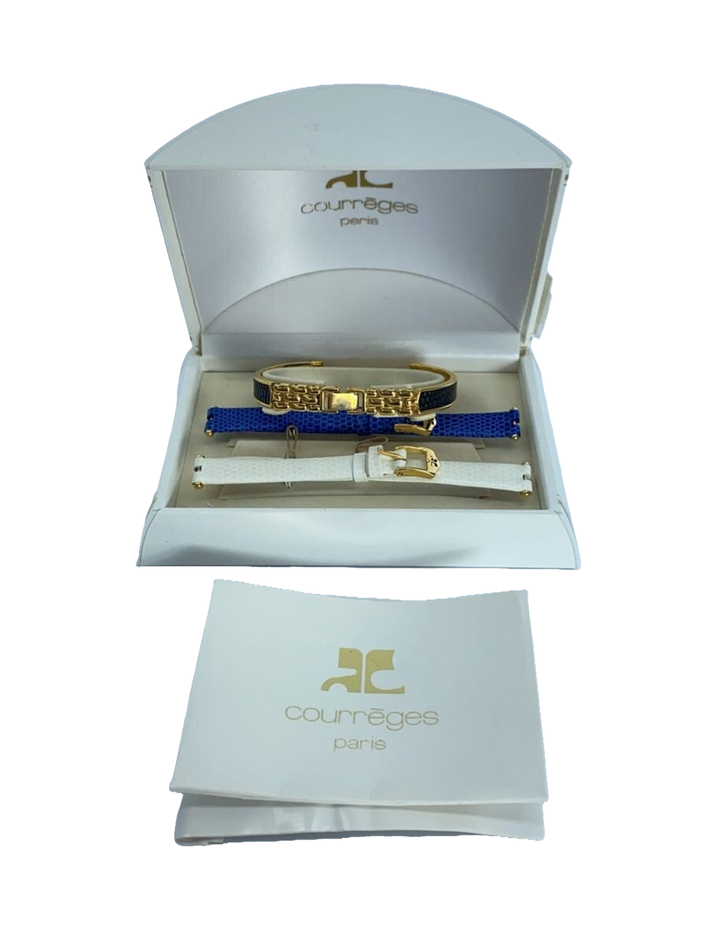 COURRÈGES Montre femme cadran blanc boîtier or bracelet cuir rouge lézard Swiss Made