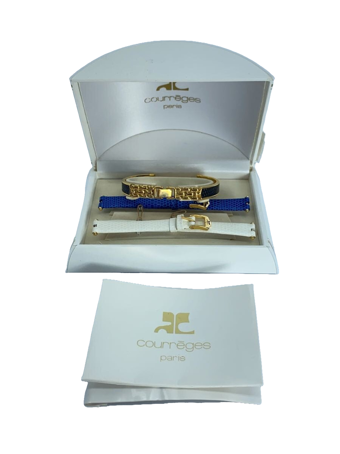 COURRÈGES Montre femme cadran blanc boîtier or bracelet cuir rouge lézard Swiss Made