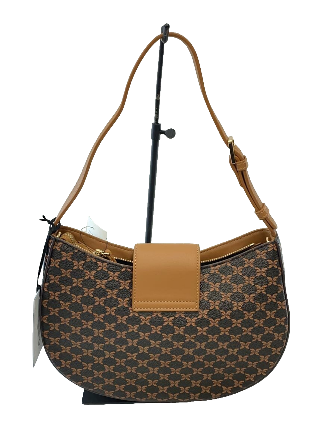 UNGARO Sac à main toile monogramme fleur fond noir garnitures cuir doré