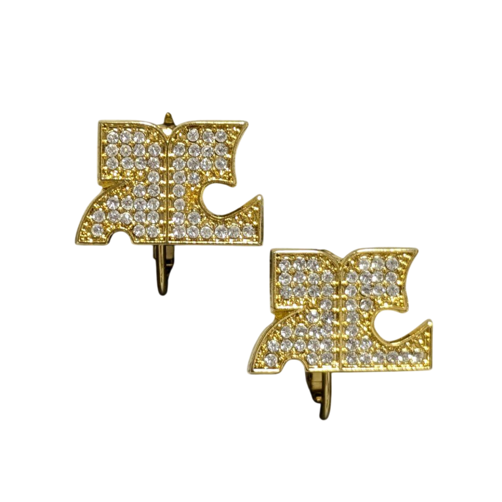 COURRÈGES Boucles d'oreilles clips logo AC entièrement pavé strass doré