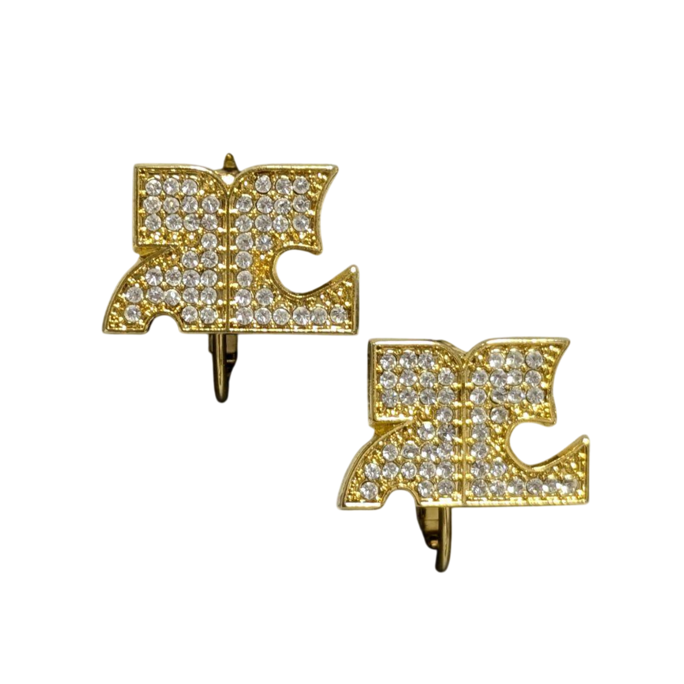 COURRÈGES Boucles d'oreilles clips logo AC entièrement pavé strass doré