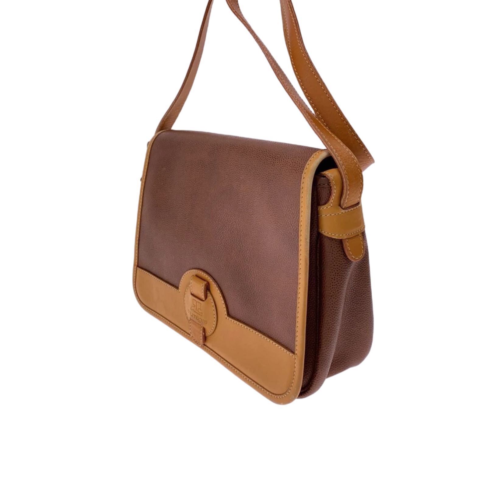 COURRÈGES Sacoche bandoulière cuir marron et cuir Camel