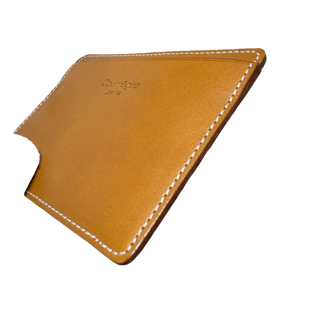 Courrèges Card Holder Brown Leather Vintage Slim ID Window Case