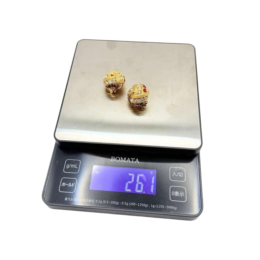 Monet Gold Tone Clip-On Earrings with Red and Clear Rhinestones