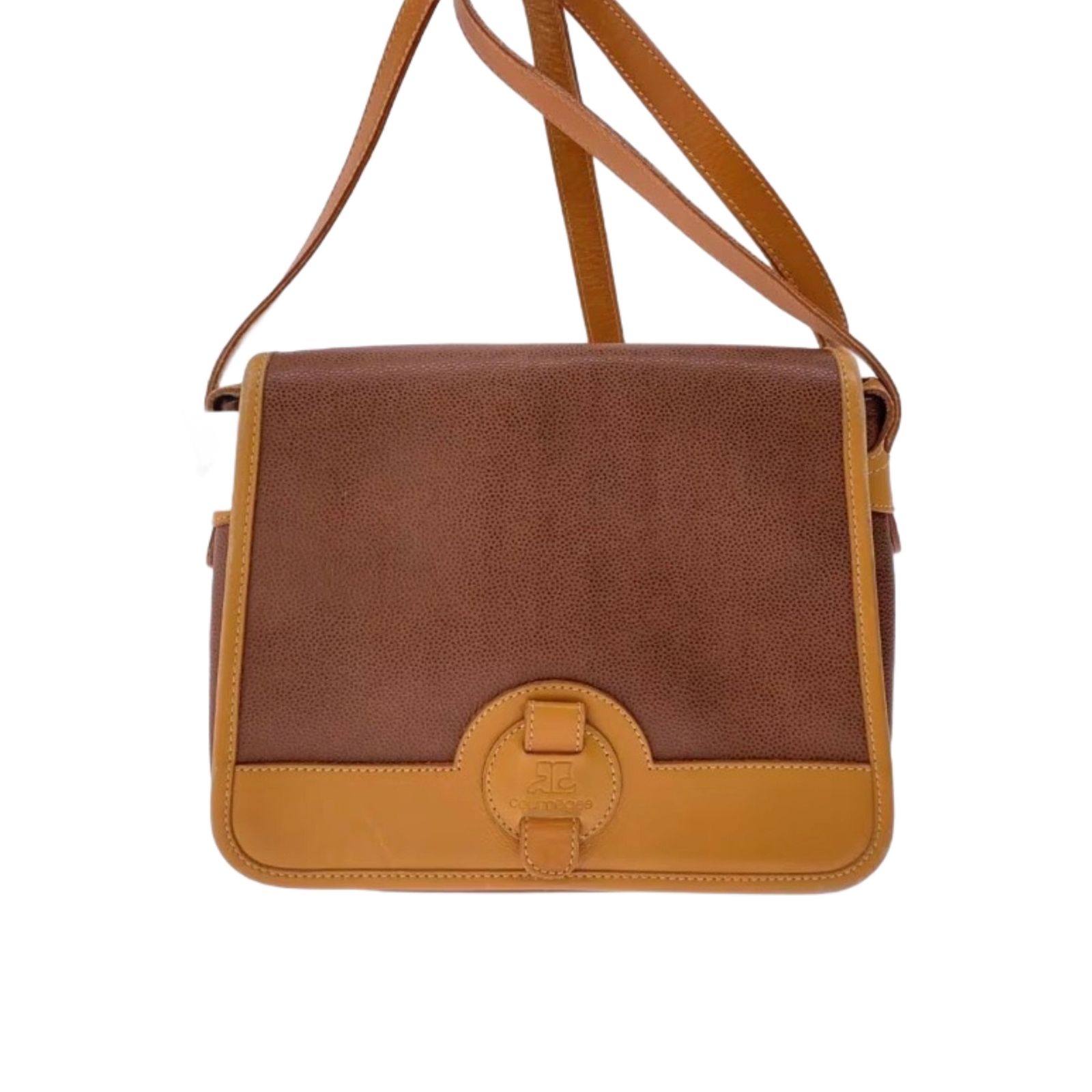 COURRÈGES Sacoche bandoulière cuir marron et cuir Camel
