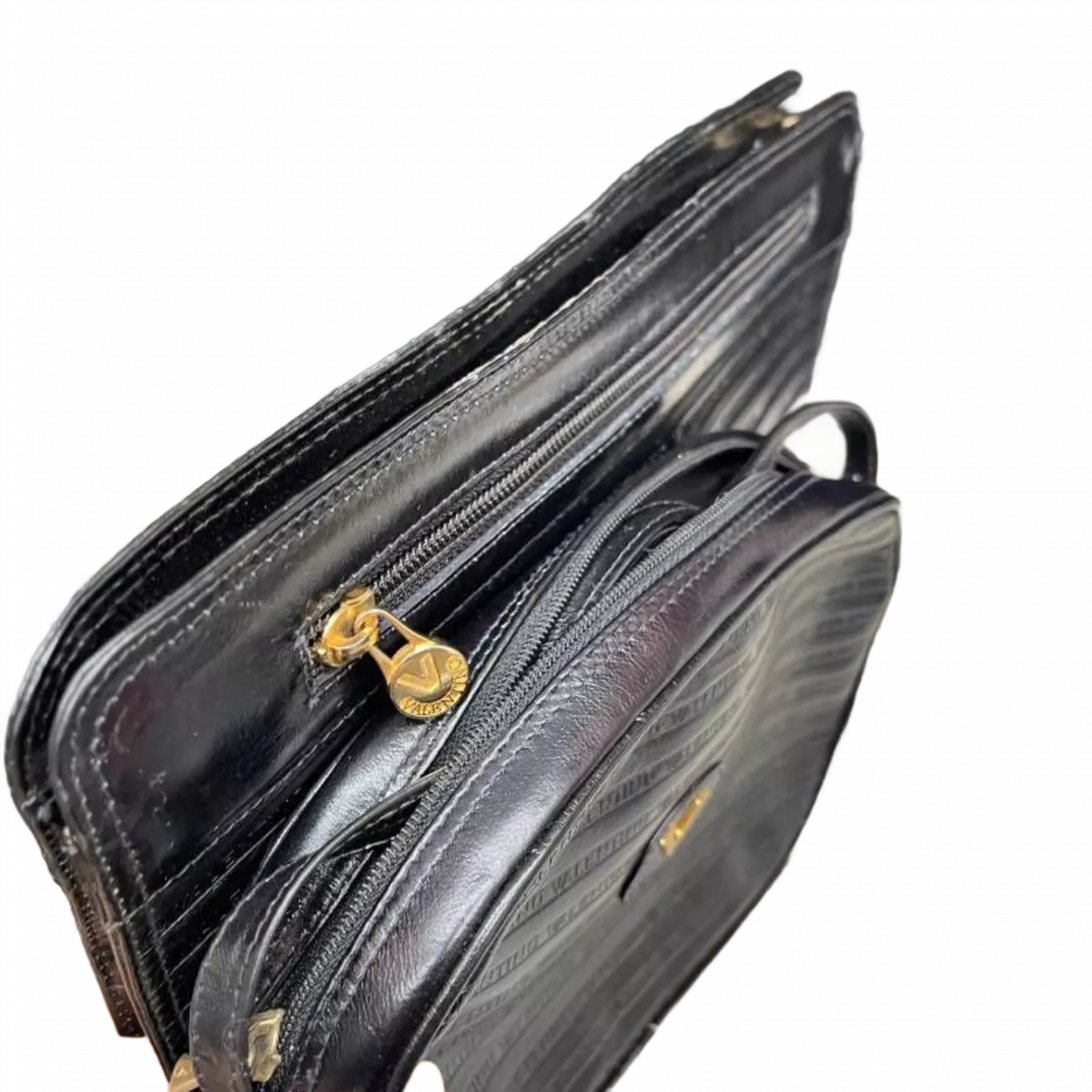 VALENTINO  LOTX2 Mario Valentino 2 pièces Sac bandoulière, pochette cuir noir logo vendu à l'unité