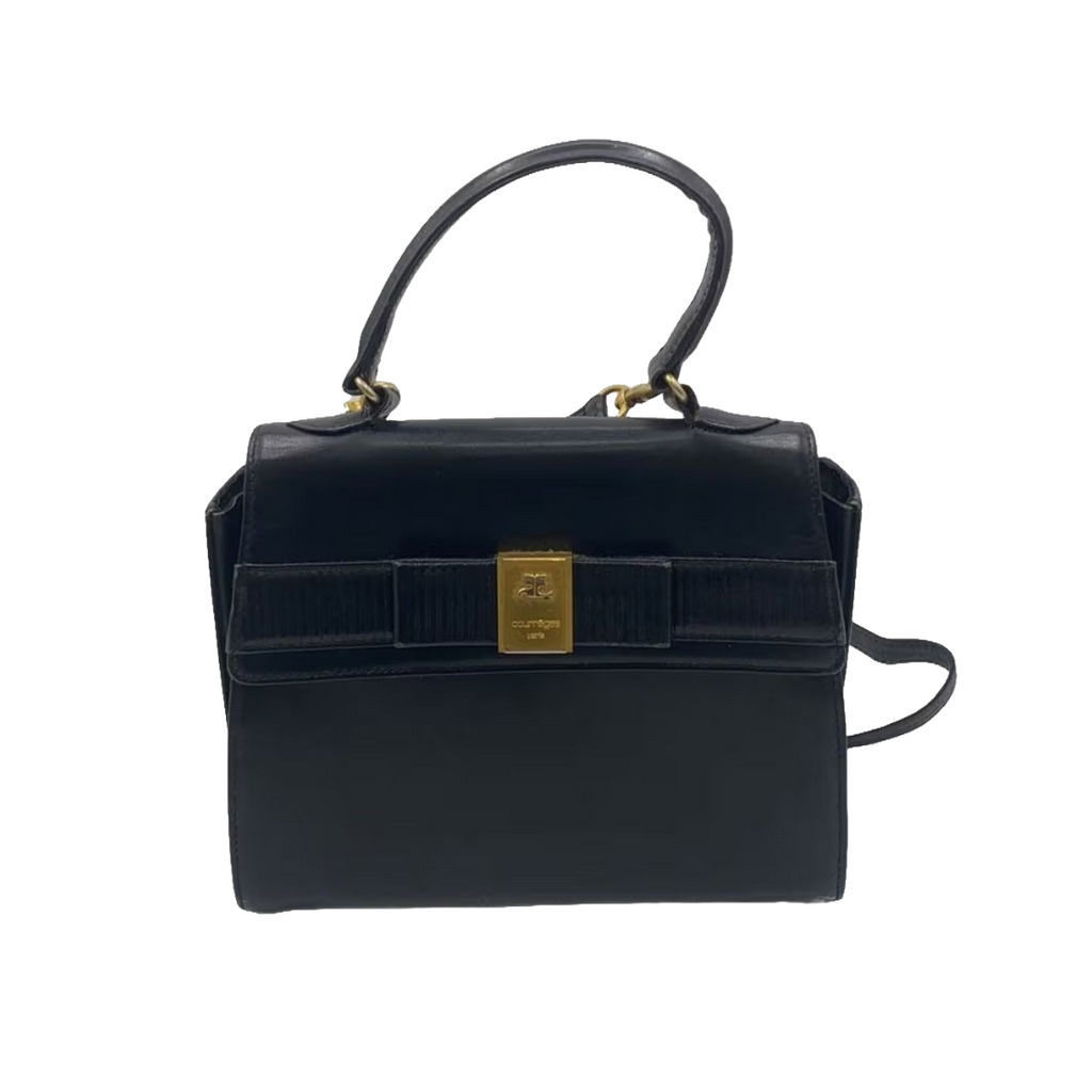 COURRÈGES Sac Uvara cuir noir lisse nœud doré