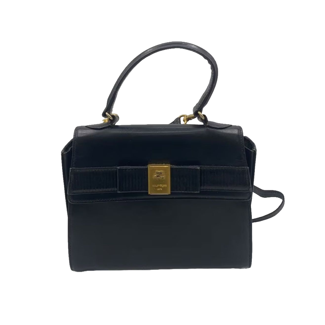 COURRÈGES Sac Uvara cuir noir lisse nœud doré