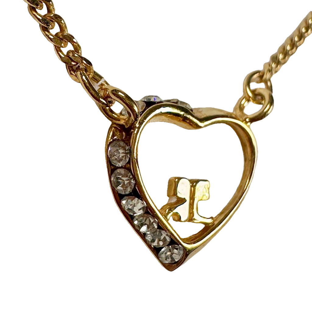 Courreges Necklace Gold Heart Pendant Rhinestone Logo Chain Vintage