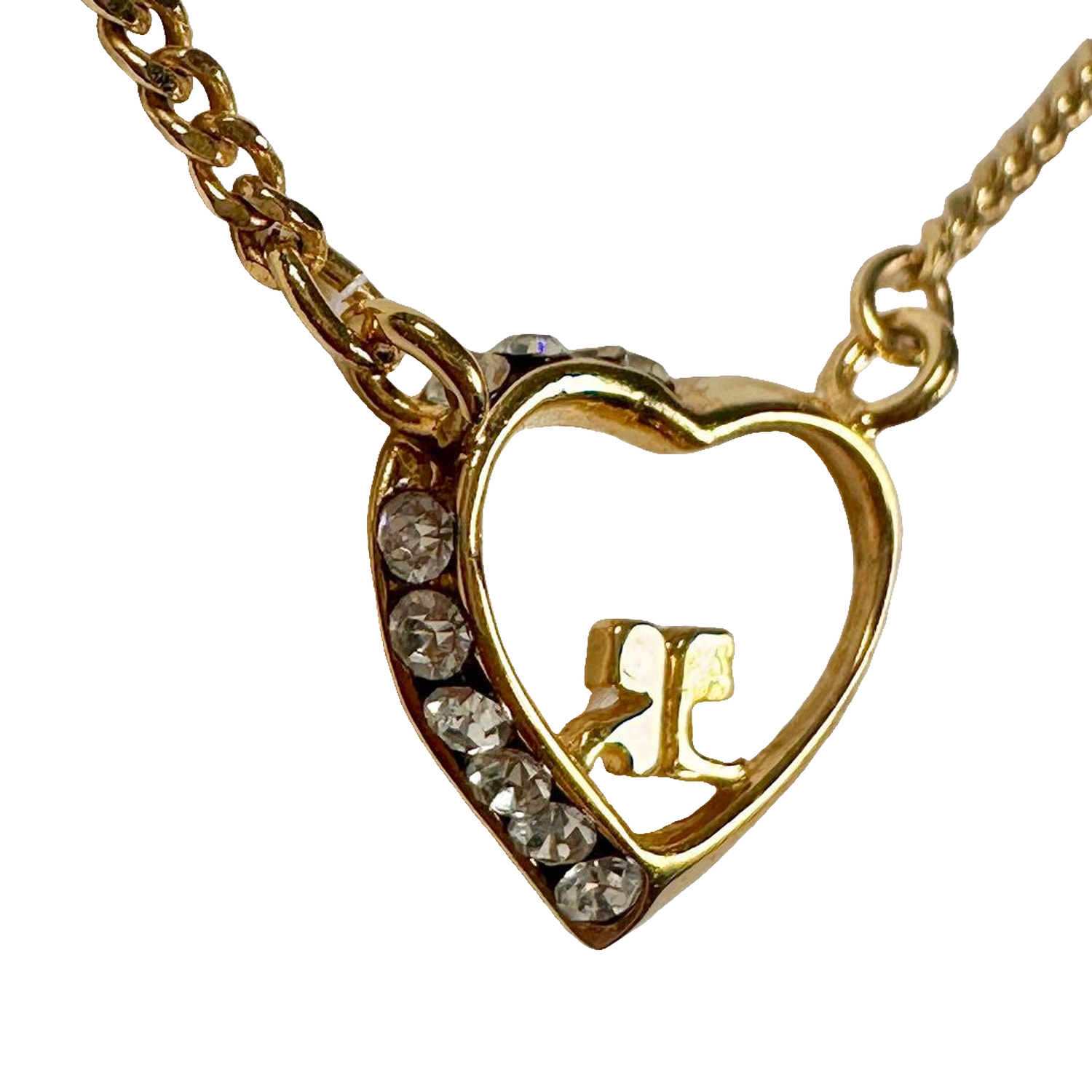 Courreges Necklace Gold Heart Pendant Rhinestone Logo Chain Vintage