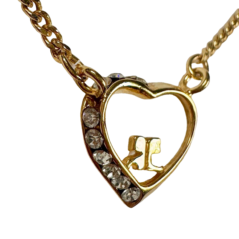 Courreges Necklace Gold Heart Pendant Rhinestone Logo Chain Vintage