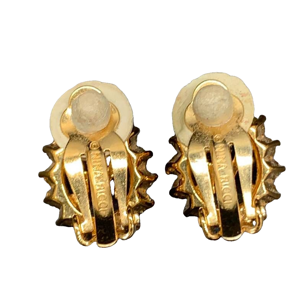 Nina Ricci Earrings Gold Silver NR Monogram Vintage Rhinestone Clip-On