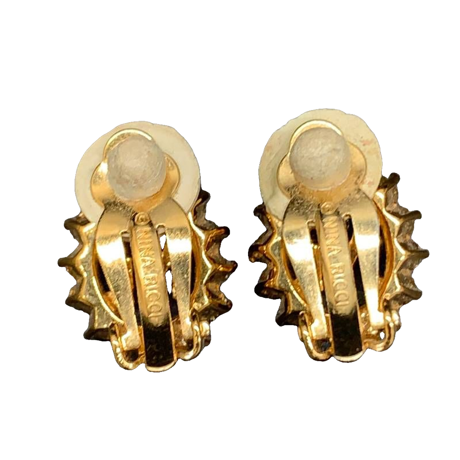 Nina Ricci Earrings Gold Silver NR Monogram Vintage Rhinestone Clip-On