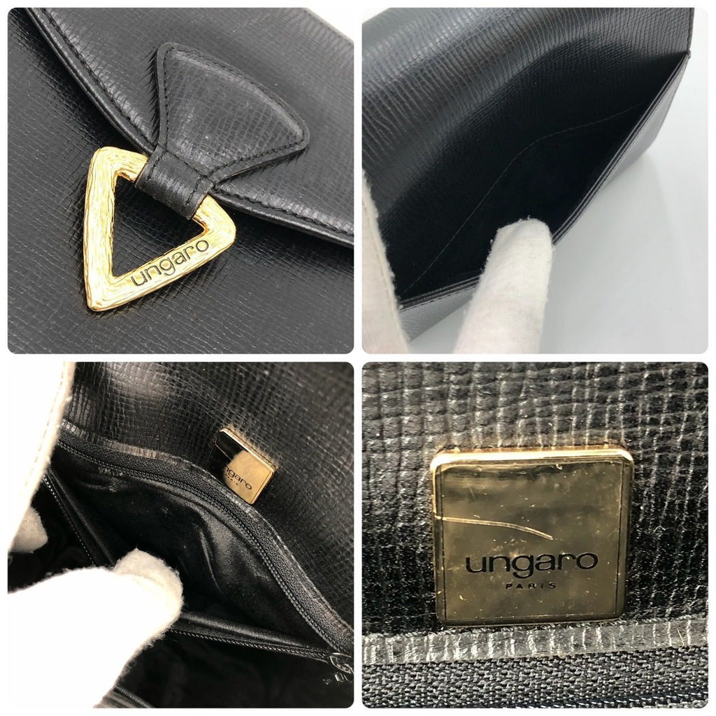 UNGARO Sac à main cuir grainé noir fermoir triangle doré