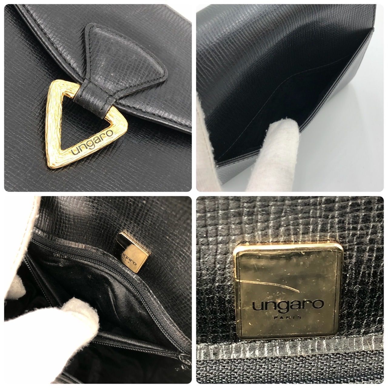 UNGARO Sac à main cuir grainé noir fermoir triangle doré
