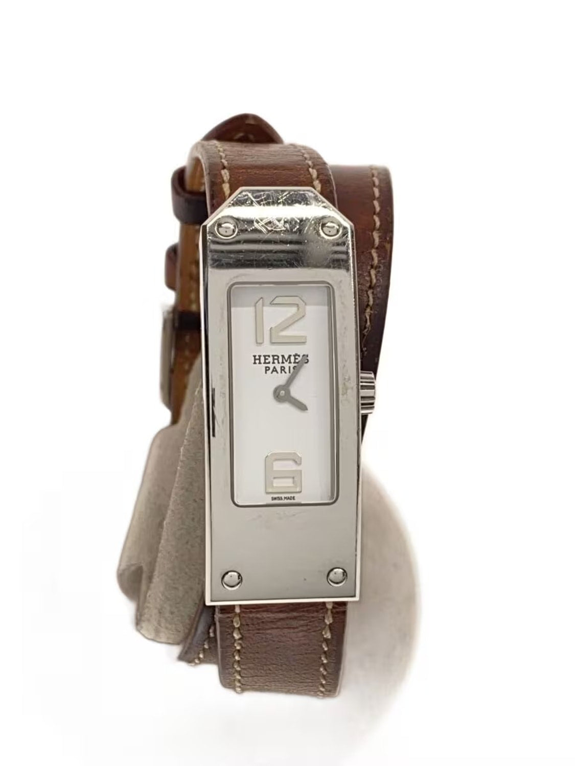 HERMÈS Paris Montre Kelly II acier cadran blanc chiffres arabes double tour cuir marron